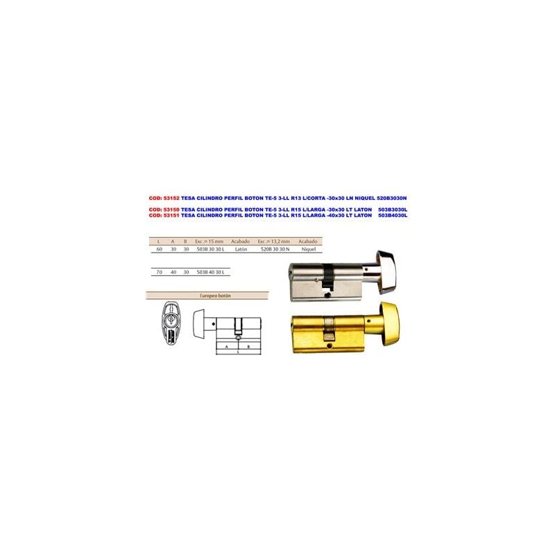 foto del prodotto tesa assa abloy cilindro con profilo a pulsante te 5 3 ll r13 bot 30x30 ln 520b3030n