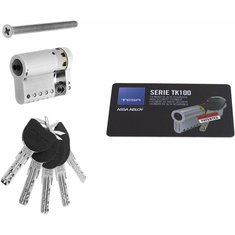 foto del prodotto tesa assa abloy mk153010n, cilindro ad alta sicurezza, tk100, doppia imbragatura, leva taglia, chiave chiave, nichelato, 30 x 10 mm