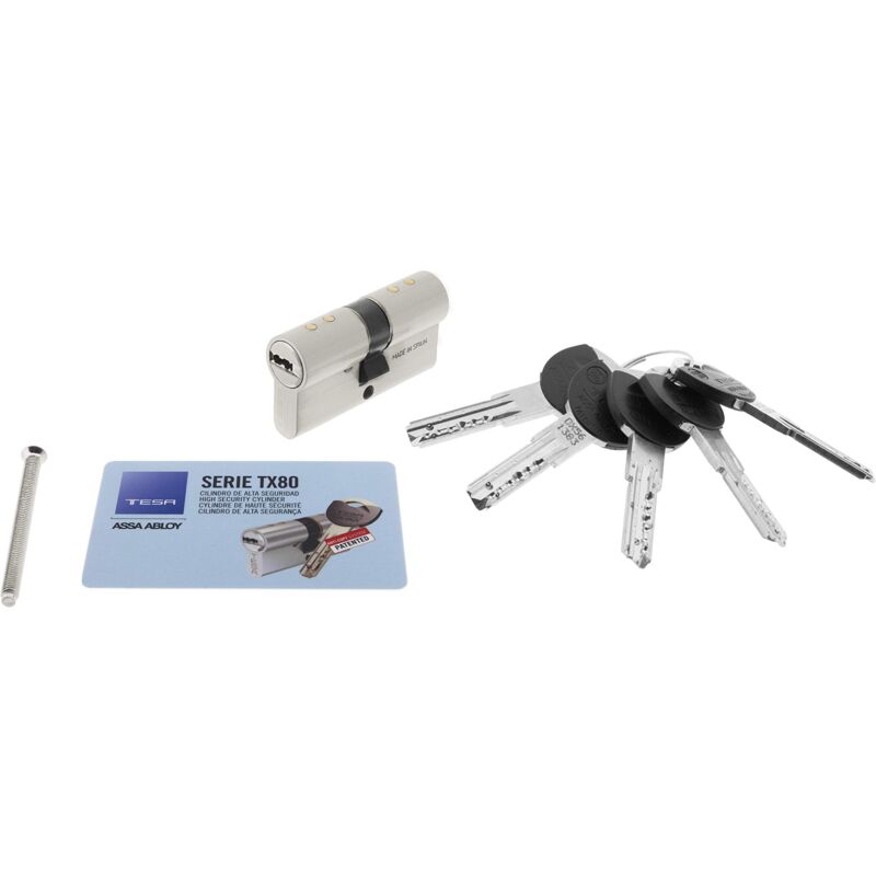 foto del prodotto tesa assa abloy, tx854045n, cilindro ad alta sicurezza, tx80, doppia frizione, camma lunga, chiave, nichelato, 40 x 45 mm