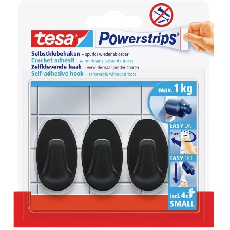 foto del prodotto tesa black hooks s ganci adesivi powerstrips small oval l x a 14 mm x 34 mm nero contenuto 3 pz.