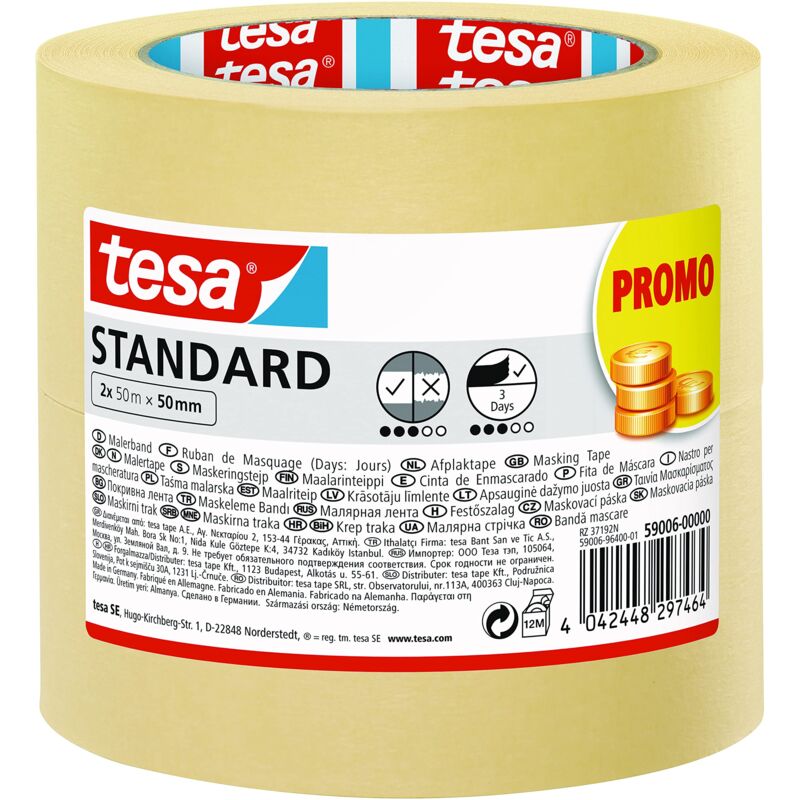 foto del prodotto tesa nastro per mascheratura standard nastro in carta per mascheratura, rimozione senza residui per 3 giorni, senza solventi, 2x 50 m x 50 mm