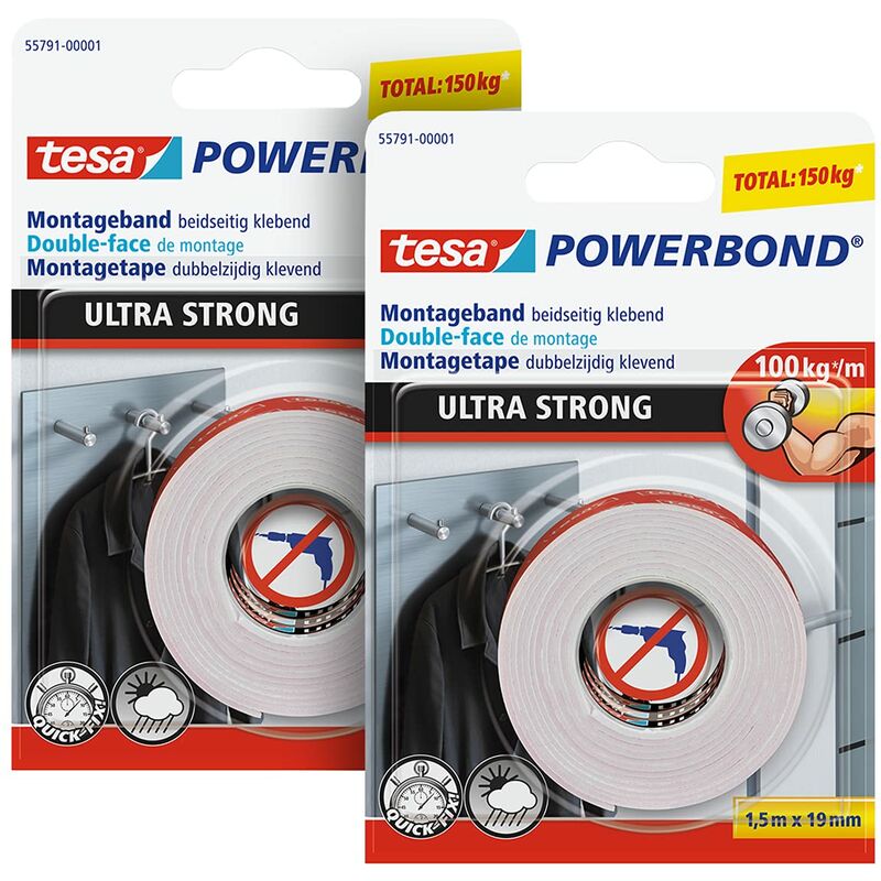 foto del prodotto tesa powerbond ultra strong in confezione da 2 nastro biadesivo extra forte per il montaggio permanente in interni ed esterni 1,5 m