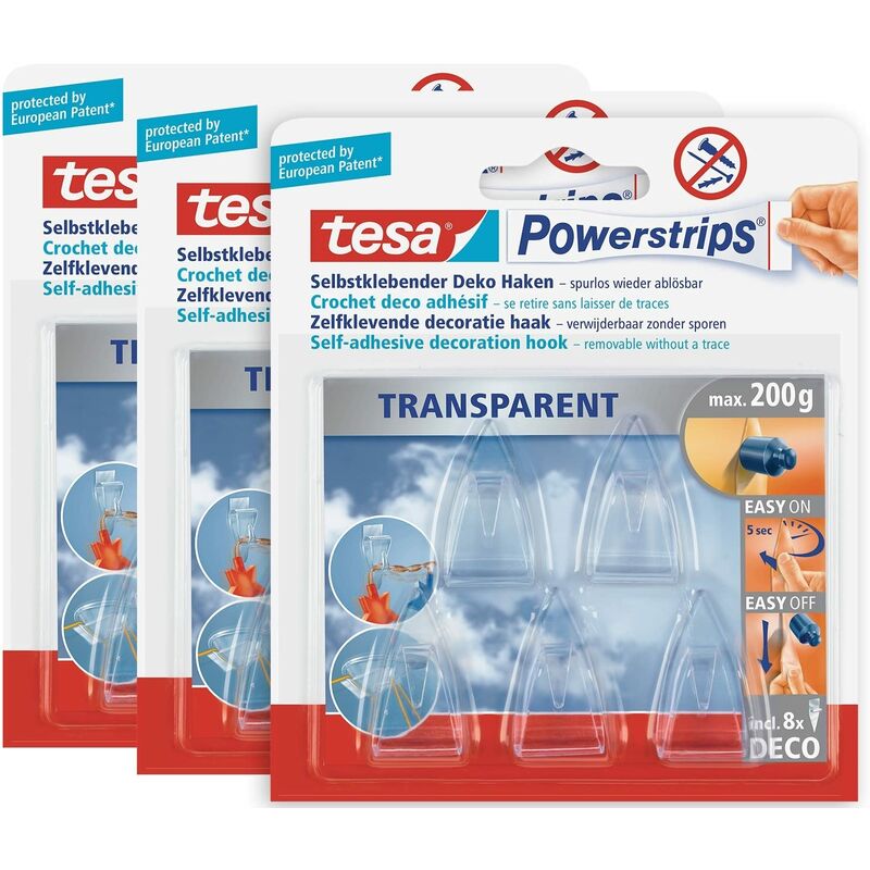 foto del prodotto tesa powerstrips deco ganci piccoli in confezione da 3 pezzi, per decorazioni su vetro e specchi, fino a 200 g, 3 x 5 ganci, trasparente