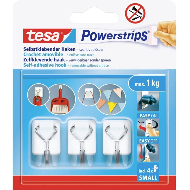foto del prodotto tesa powerstrips small gancio adesivo 3 pz bianco, acciaio inox contenuto 3 pz.