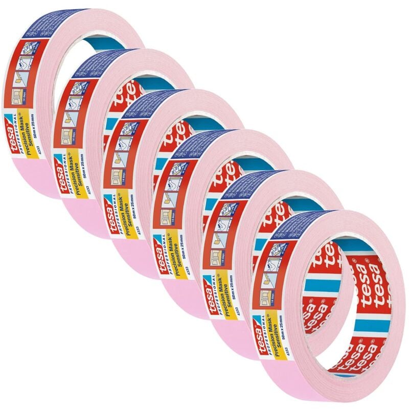 foto del prodotto tesa precision masking tape 4333 per superfici sensibili interne, estremamente piatto rosa chiaro, 50 m x 25 mm ciascuno, confezione da 6