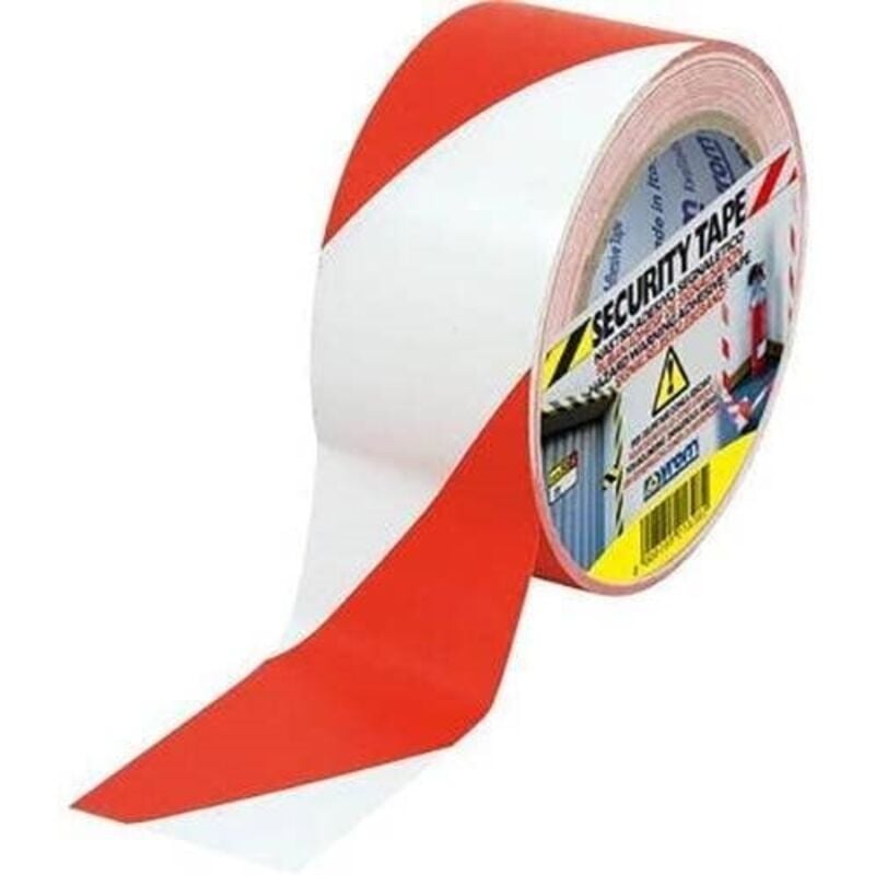foto del prodotto tesa syrom nastro con strisce trasversali security tape rosso bianco 50mm x 33m