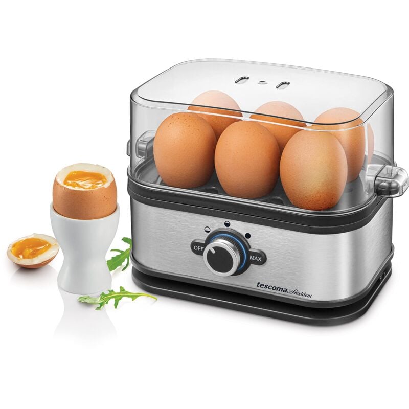 foto del prodotto tescoma 909100 cuociuova elettrico per 6 uova, 3 programmi di cottura, acciaio inossidabile, linea president
