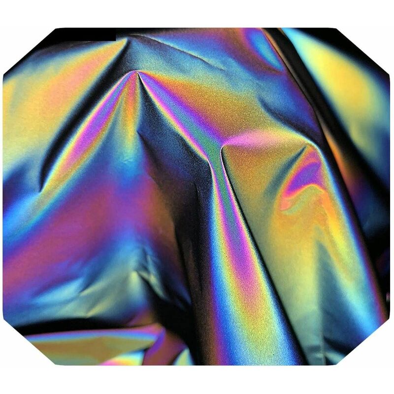 foto del prodotto tessuto riflettente arcobaleno rainbow con sfumature olografiche da cucire 140cm x 1m packaging 140cm x 1m