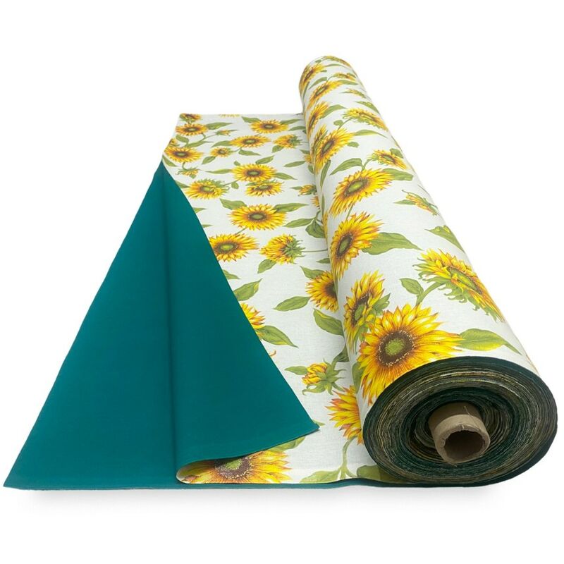 foto del prodotto tessuto tenda sole stampato con girasoli e verde unito da un lato da esterno giardino balcone a metro altezza cm. 300