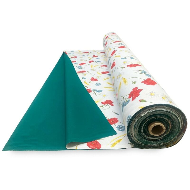 foto del prodotto tessuto tenda sole stampato con papaveri e verde unito da un lato da esterno giardino balcone a metro altezza cm. 300