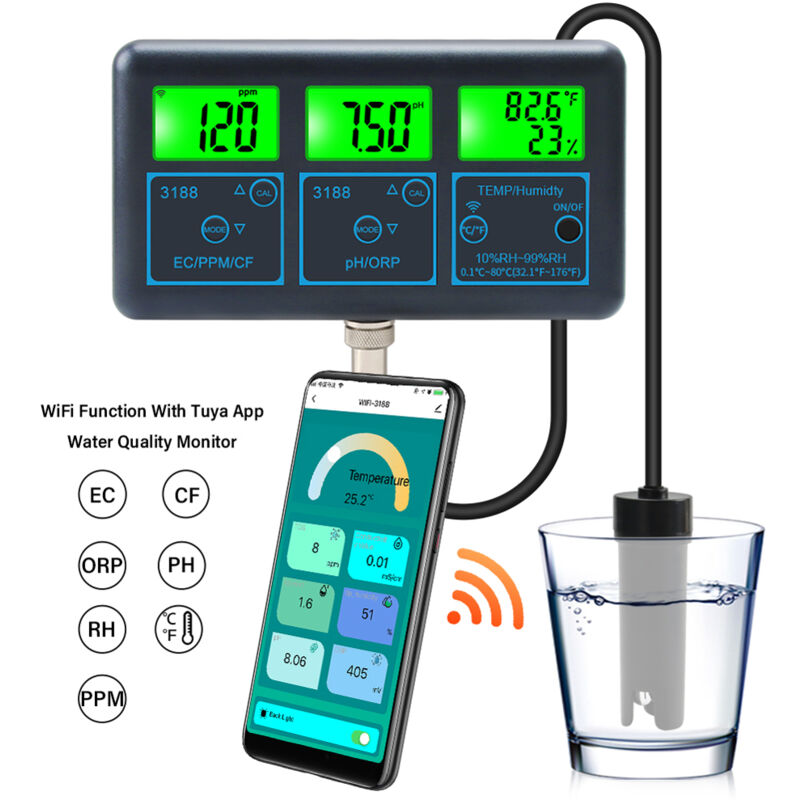 foto del prodotto tester della qualit dell acqua per acquari, monitor wi fi multifunzionale 7 in 1 ad alta precisione per il controllo dell app tuya eosnow