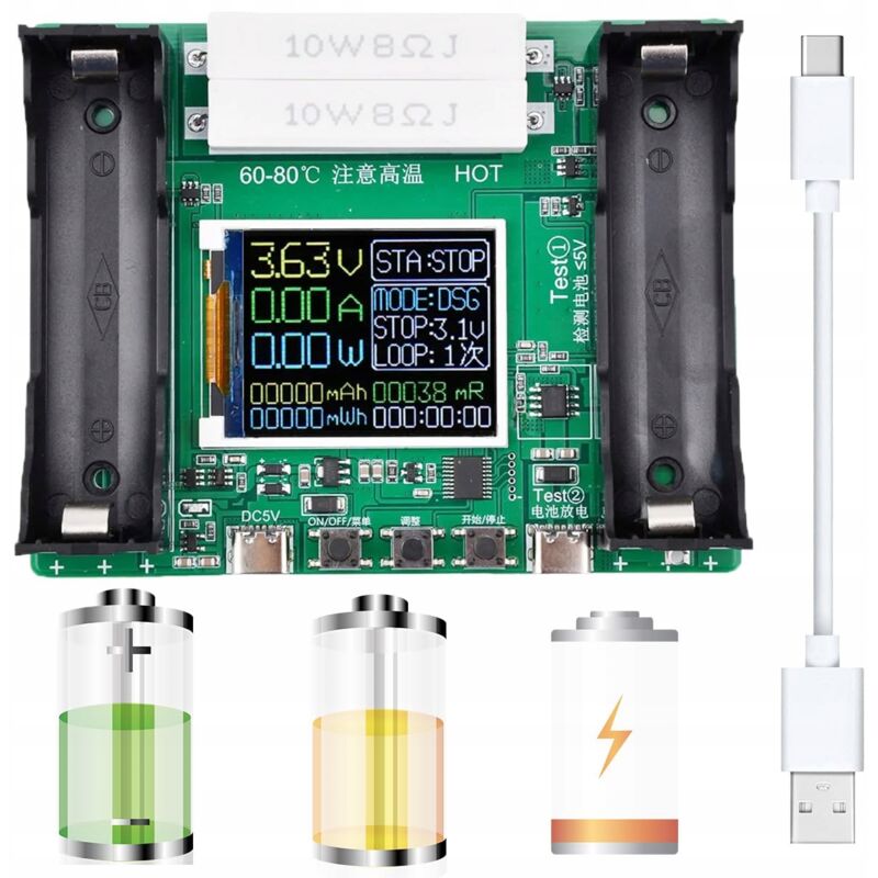 foto del prodotto tester di capacit e resistenza lcd per celle usb c 18650