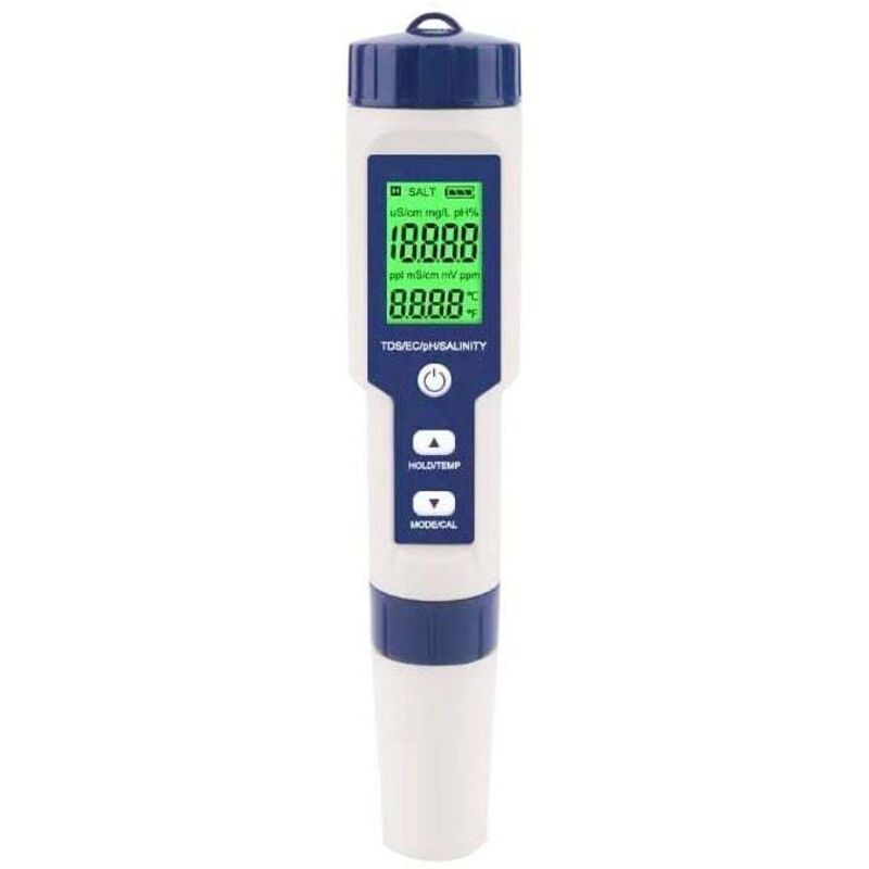 foto del prodotto tester di salinità per piscine, tester di salinità dell'acqua di mare digitale 5 in 1, kit di test impermeabile ip67