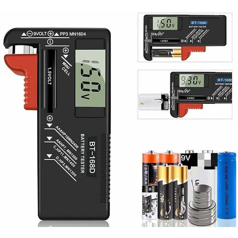 foto del prodotto tester digitale per batterie, tester universale per batterie, tester per batterie, per batterie aa, aaa, c, d, pp3, 9 v, 1,5 v, a bottone funziona