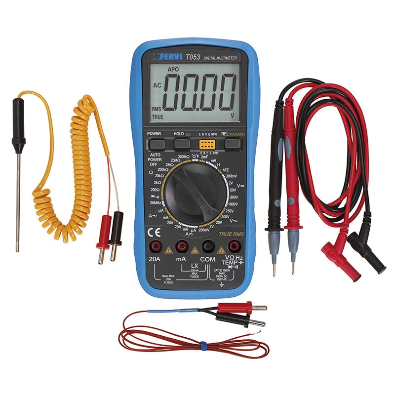 foto del prodotto tester multimetro digitale professionale con sonda temperatura fervi t053