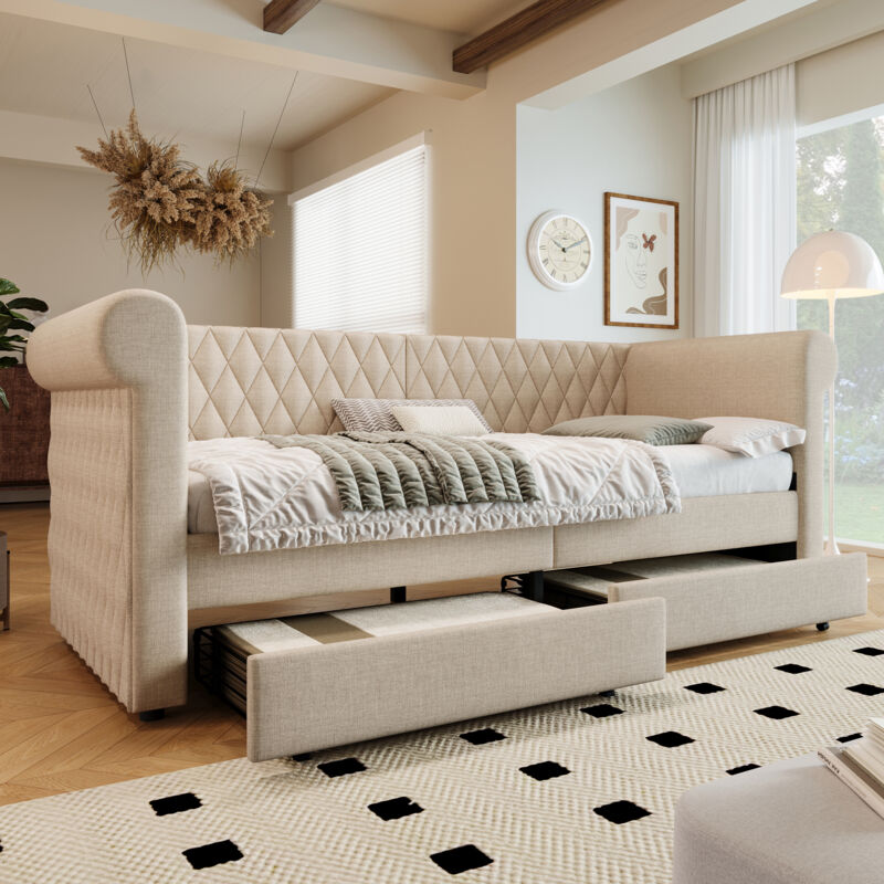foto del prodotto testiera imbottita vintage, divano letto 90 x 200 cm, divano letto, divano letto con 2 cassetti portaoggetti, lettino per bambini, letto per ragazzi,