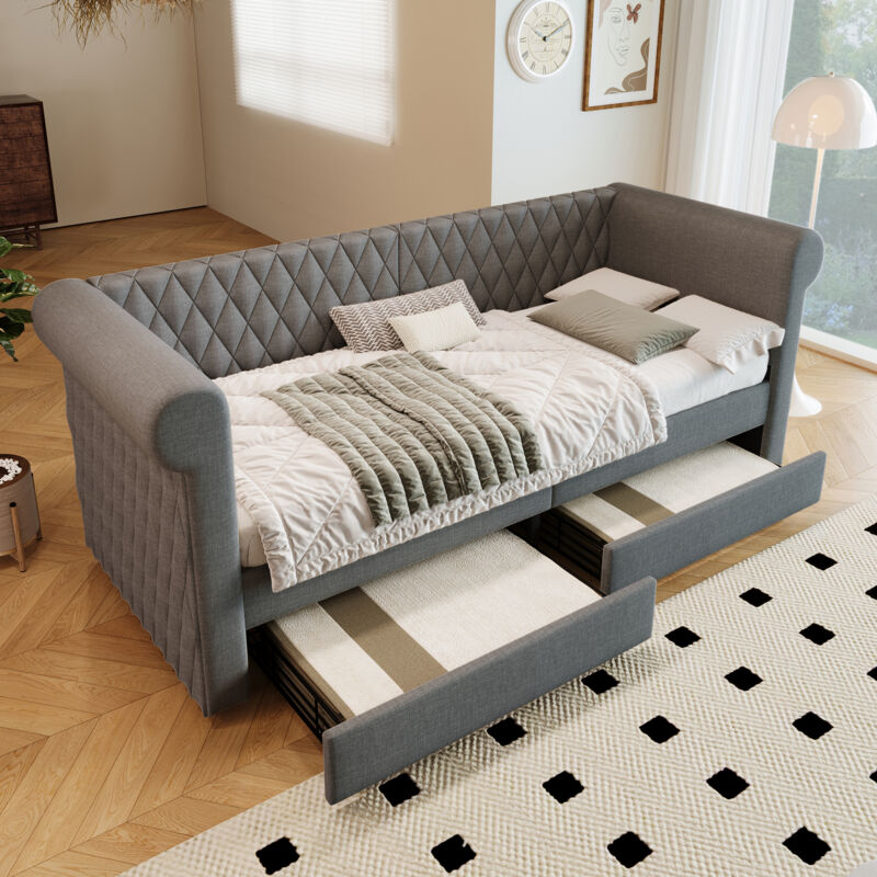 foto del prodotto testiera imbottita vintage, divano letto 90 x 200 cm, divano letto, divano letto con 2 cassetti portaoggetti, lettino per bambini, letto per ragazzi,