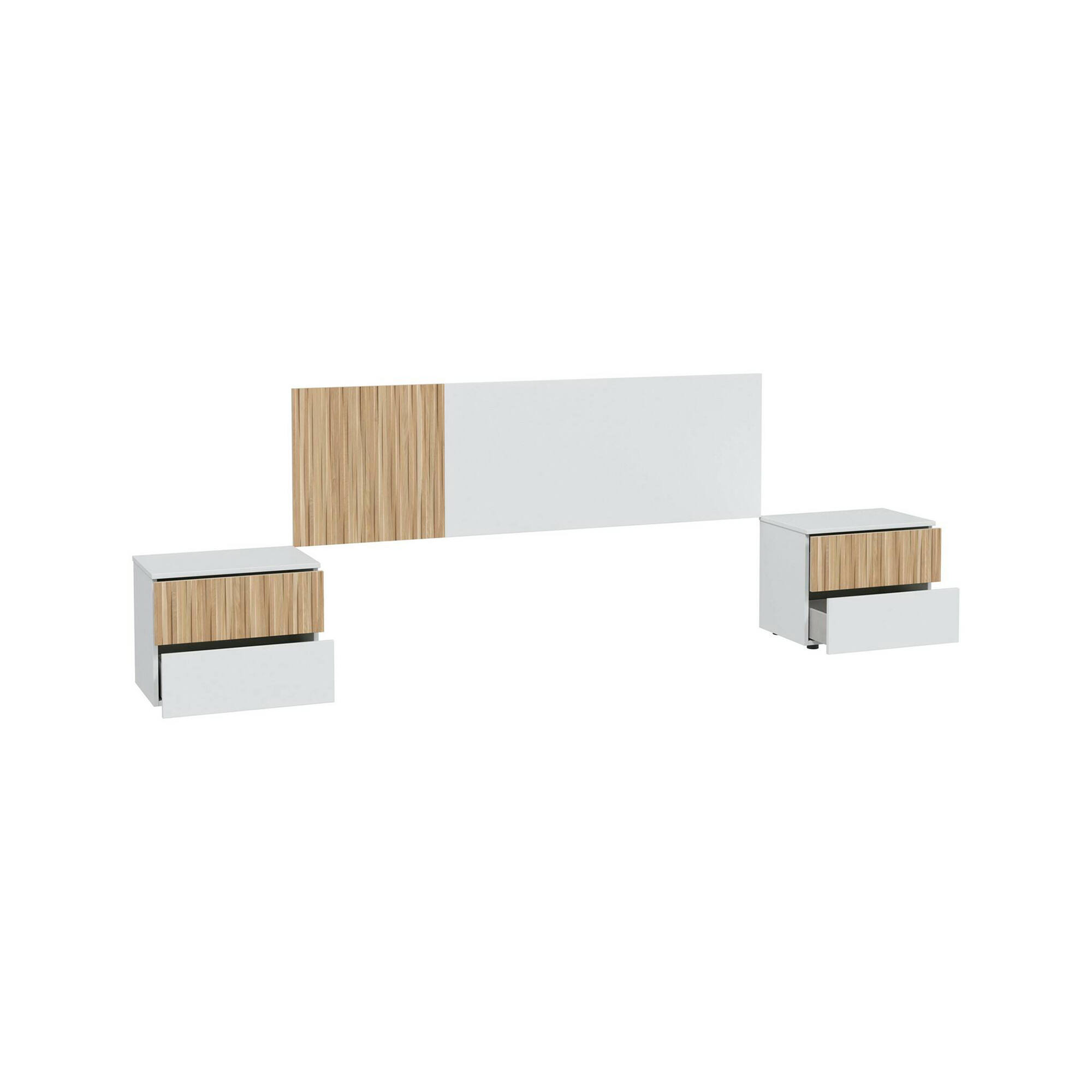 foto del prodotto testiera letto armony, testata letto con 2 comodini, set per camera da letto, 266x34h89 cm, bianco e rovere