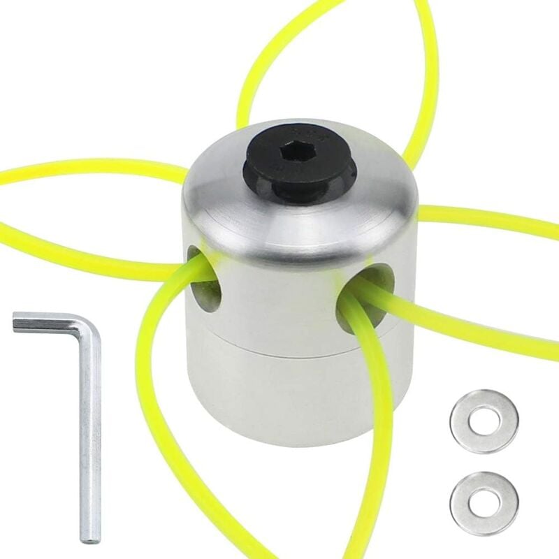 foto del prodotto testina decespugliatore universale in alluminio con 4 fili, 1 chiave esagonale e 2 rondelle testina decespugliatore per tosaerba