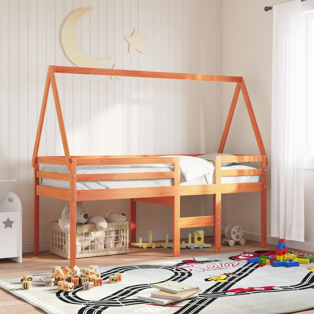 foto del prodotto tetto letto bambini marrone cera 209x95,5x88 cm massello pino