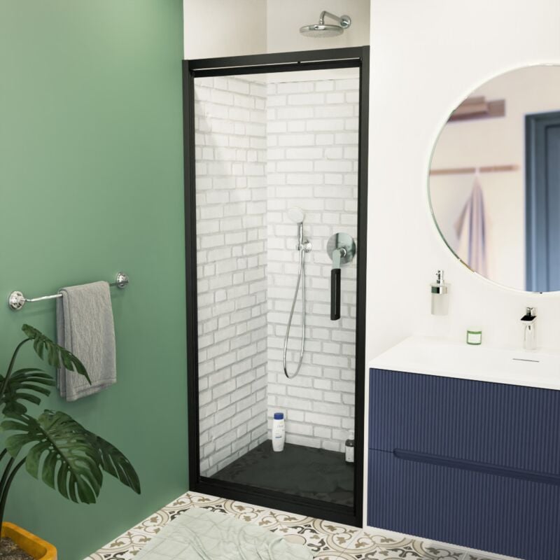 foto del prodotto tex c 90x195cm porta doccia apertura salvaspazio anticalcare con profili neri opachi sattexc90ct swiss aqua technologies