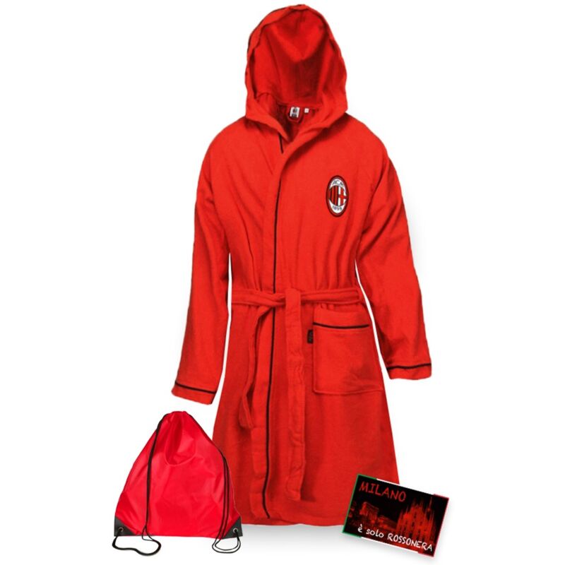 foto del prodotto tex family accappatoio bambino ragazzo originale a.c. milan in microspugna rosso nero con zaino piscina e cartolina milano 4 6 anni