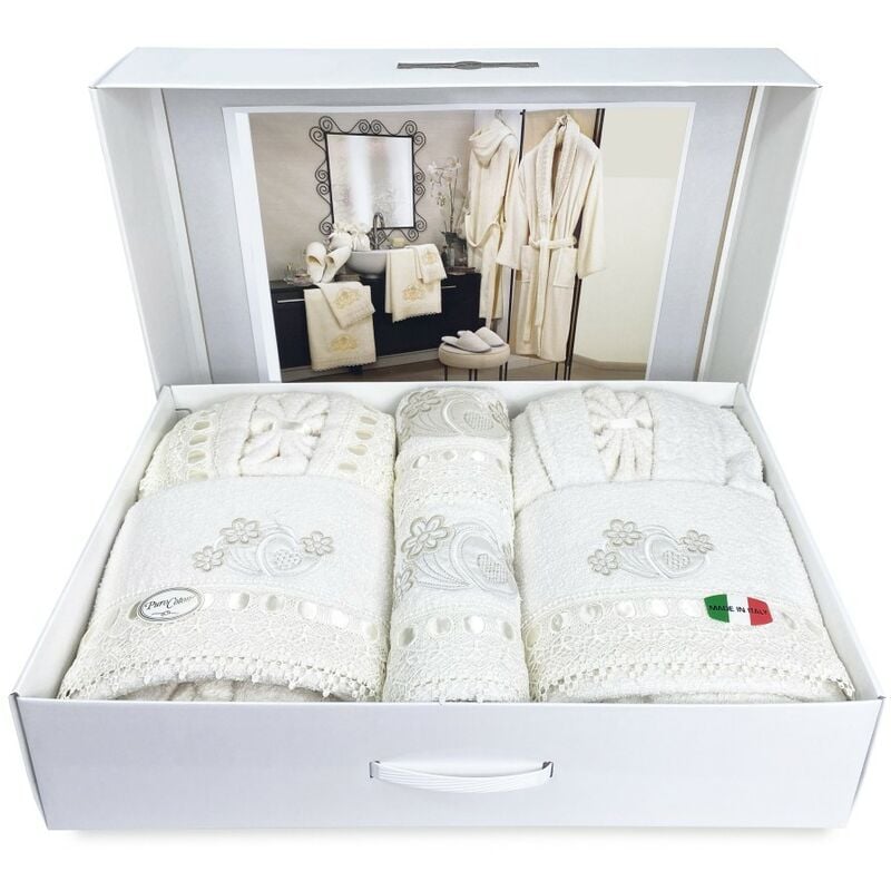 foto del prodotto tex family completo bagno caori accappatoi in spugna ricamato con pizzo macram 8 pezzi idea sposa taglia 50 54