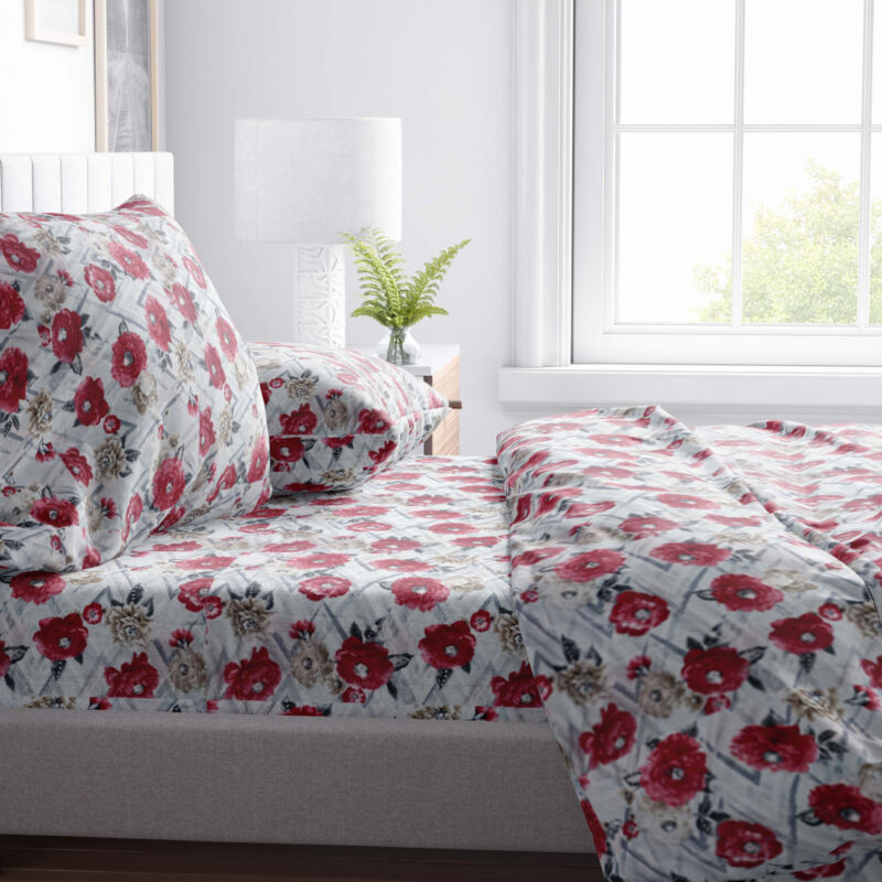 foto del prodotto tex family completo lenzuolo in morbida microfibra fiore rosso matrimoniale 2 piazze no stiro