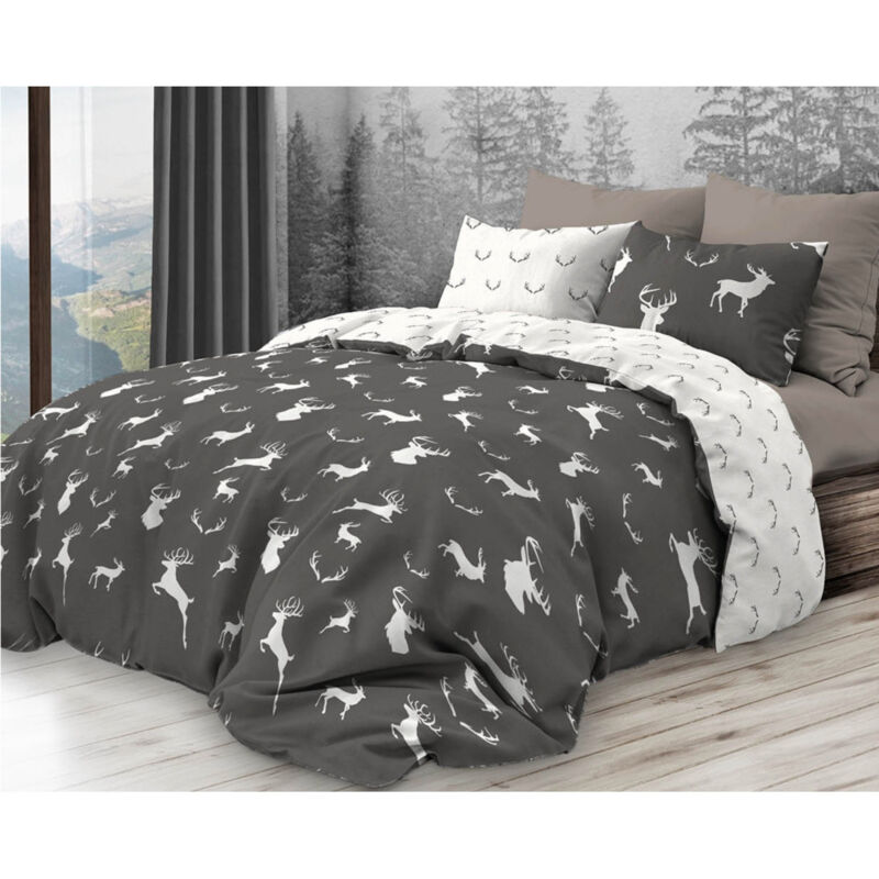 foto del prodotto tex family copripiumino stile rustico contemporaneo con cervi bianchi su sfondo grigio matrimoniale 255x200 cm cotone double face