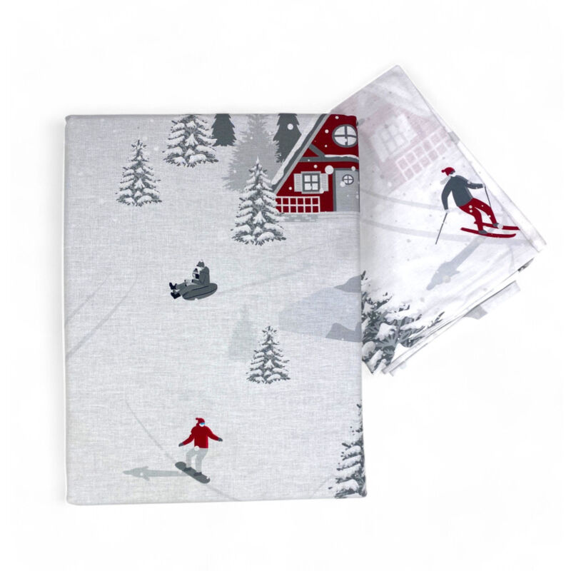 foto del prodotto tex family copripiumino tirolese montebianco 100 cotone double face, fantasia alpina con sciatori e chalet, morbido e traspirante singolo 1