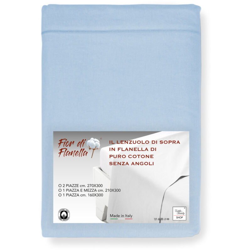foto del prodotto tex family lenzuolo sopra in flanella senza angoli colore azzurro puro cotone morbido made in italy per materassi maxi e fuori misura cm. 210x300