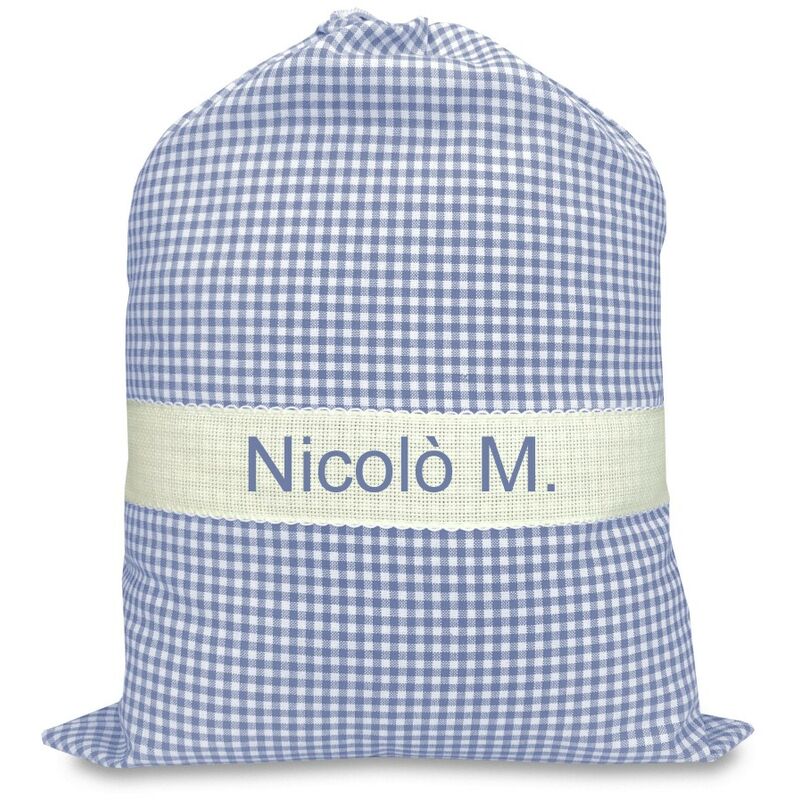 foto del prodotto tex family sacchetto asilo ricamato e personalizzato misura cm. 34x48 a quadretti azzurro