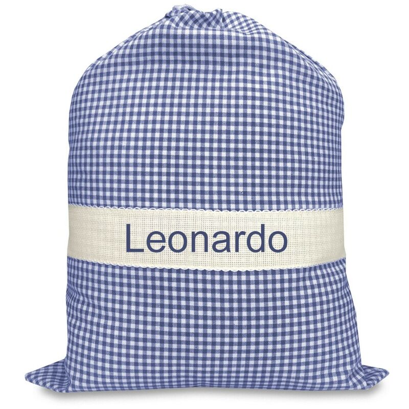 foto del prodotto tex family sacchetto asilo ricamato e personalizzato misura cm. 34x48 a quadretti blu