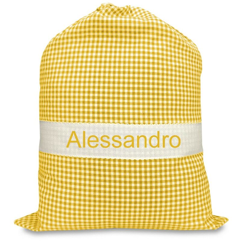 foto del prodotto tex family sacchetto asilo ricamato e personalizzato misura cm. 34x48 a quadretti giallo