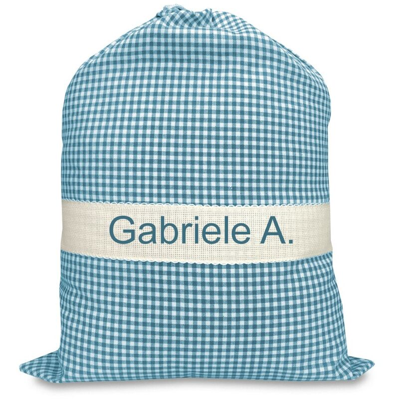 foto del prodotto tex family sacchetto asilo ricamato e personalizzato misura cm. 34x48 a quadretti turchese
