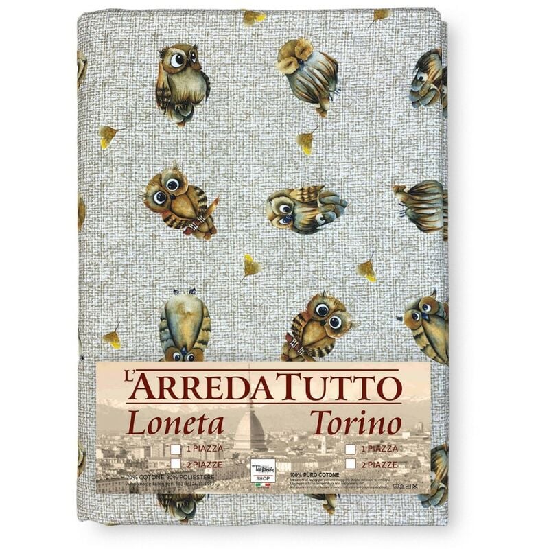 foto del prodotto tex family telo arredo copritutto gran foulard copriletto copridivano tessuto digity gufi gufetti beige in puro cotone 2 piazze
