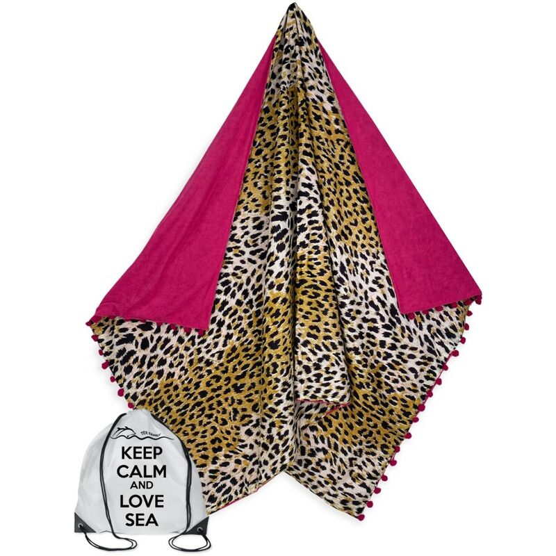 foto del prodotto tex family telo mare doppio kikoy leopardato in cotone e in spugna con zaino keep