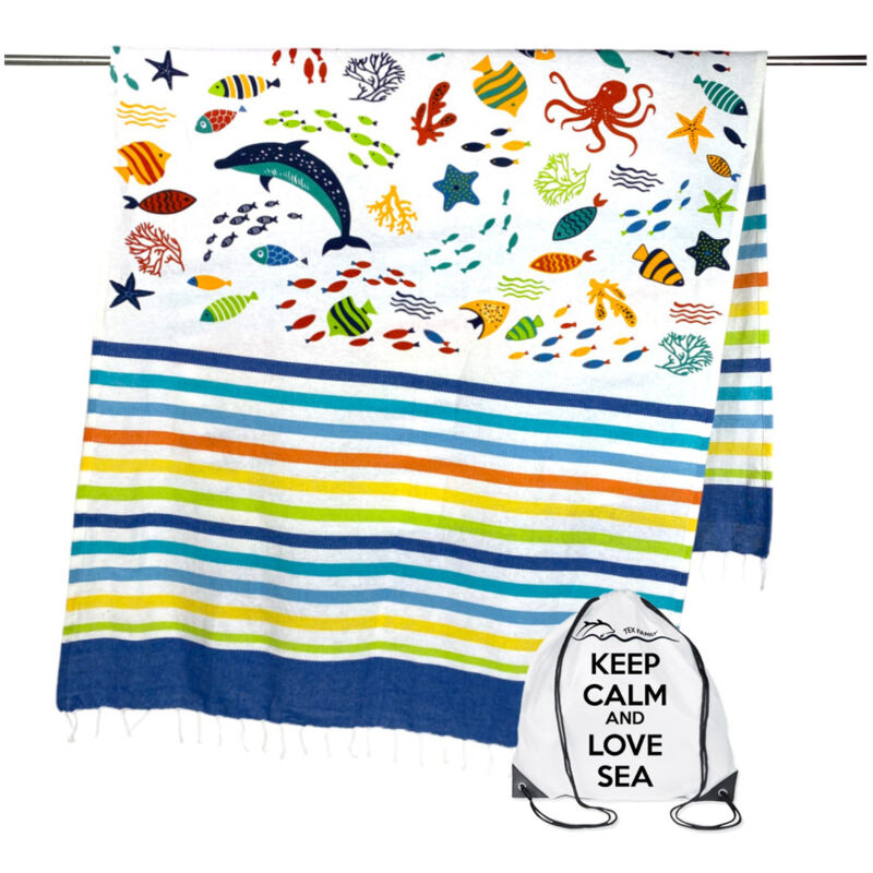 foto del prodotto tex family telo mare fouta pesci colorati misura grande con zaino spiaggia keep calm cm.100x200