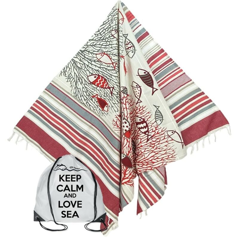 foto del prodotto tex family telo mare fouta pesci rossi misura grande cm.100x200 con zaino spiaggia keep calm