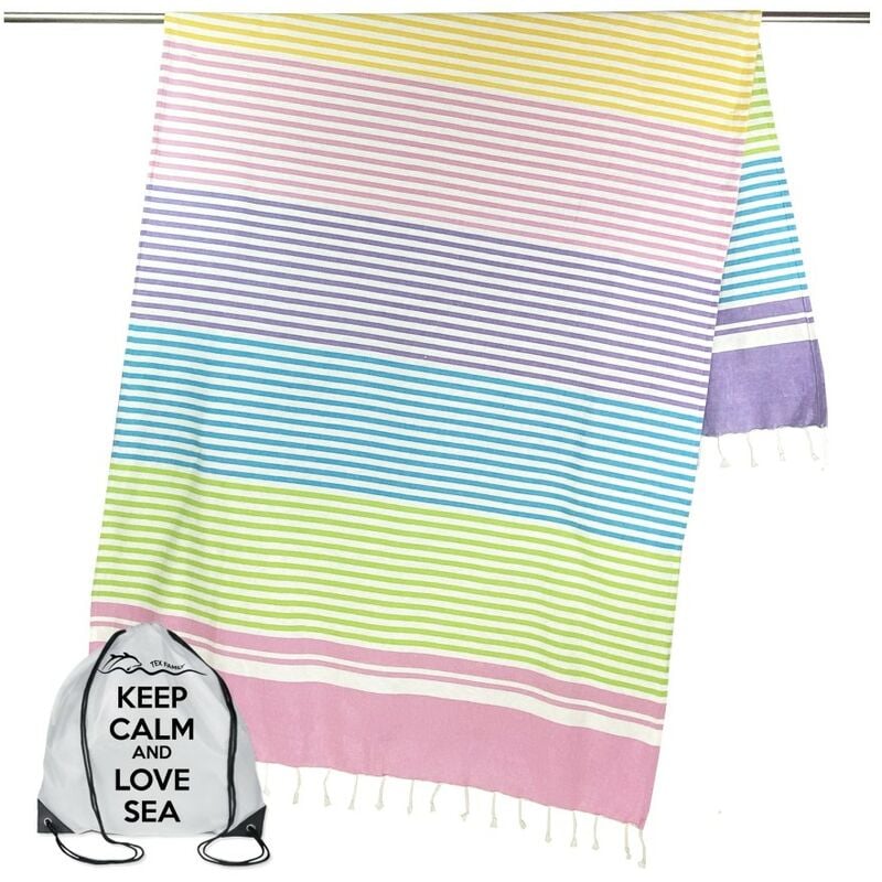 foto del prodotto tex family telo mare fouta righe colorate misura grande con zaino spiaggia keep calm cm.100x200