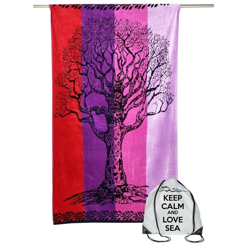 foto del prodotto tex family telo mare in spugna puro cotone albero della vita rosso e viola misura grande cm. 90 x 170 e zaino spiaggia