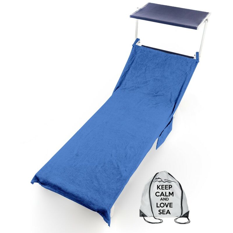 foto del prodotto tex family telo mare lettino in spugna di puro cotone beddy beach con tasche misura cm. 75 x 190 e zaino spiaggia blu