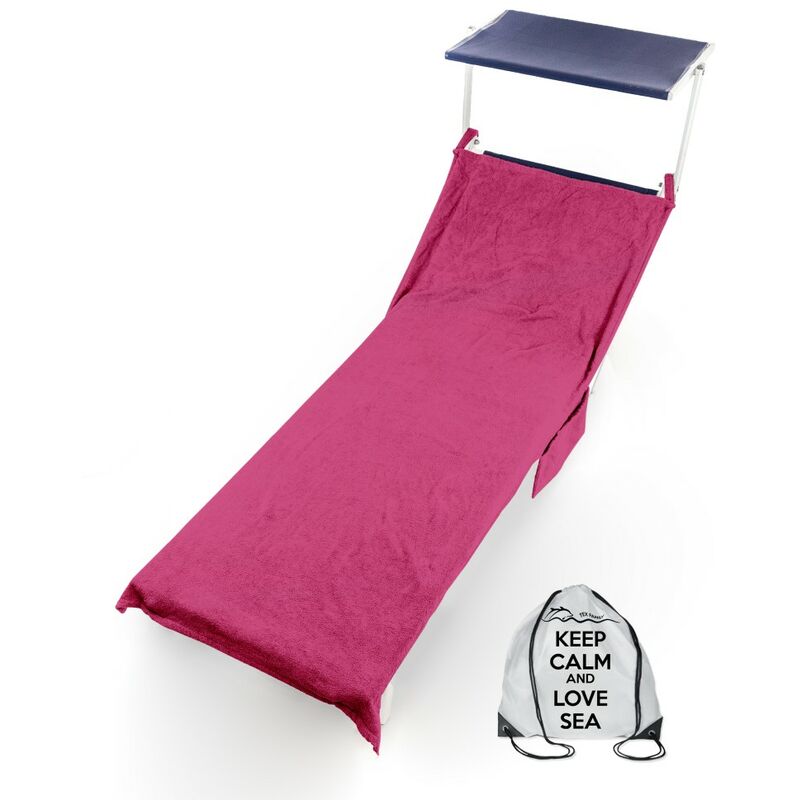 foto del prodotto tex family telo mare lettino in spugna di puro cotone beddy beach con tasche misura cm. 75 x 190 e zaino spiaggia fucsia