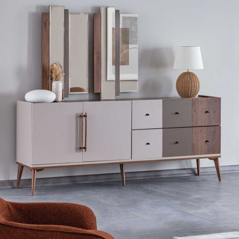 foto del prodotto tezeta madia 2 ante e 6 cassetti beige noce e dark coffee pastel 195x45x81h