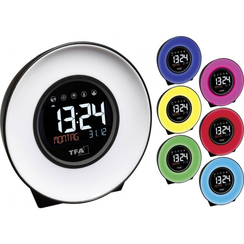 foto del prodotto tfa dostmann 60.2023.02 quarzo sveglia bianco, blu, giallo, verde, rosa, rosso, azzurro tempi di allarme 1 display gran