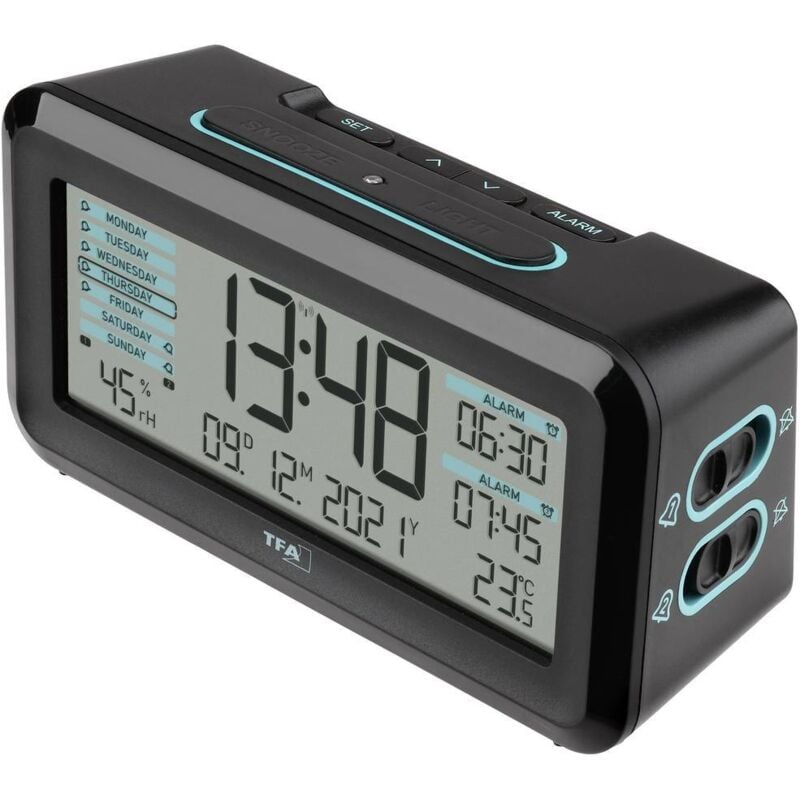 foto del prodotto tfa dostmann 60.2562.01.gb radiocontrollato sveglia nero, azzurro tempi di allarme 2 display grande