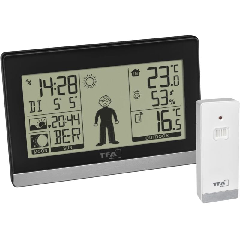 foto del prodotto tfa dostmann stazione meteo wireless weather boy, 35.1159.01, temperatura esterna interna, con sensore esterno, prevision del tempo, fase