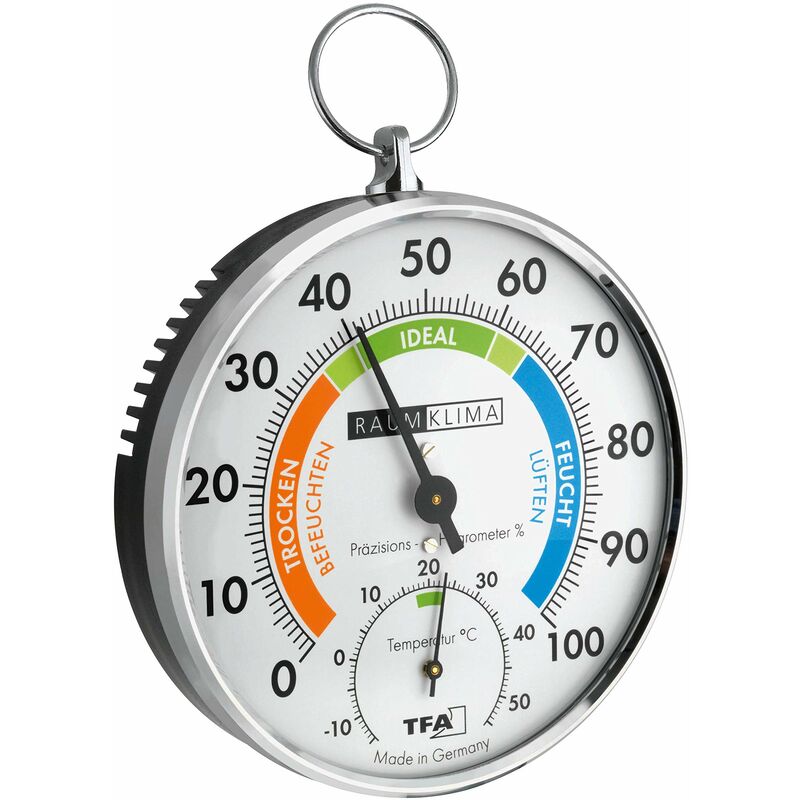 foto del prodotto tfa dostmann termoigrometro, analogico, termometro igrometro, temperatura e umidit , 45.2027, con struttura in metallo, con gancio, zone comfort,