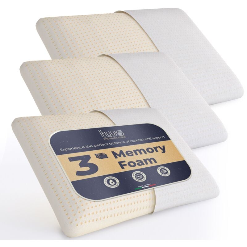 foto del prodotto the white stone set da 3 guanciali memory foam 40 x 70 cm altezza 11 cm cuscini cervicale ipoallergenici, ergonomici e traspiranti funzione