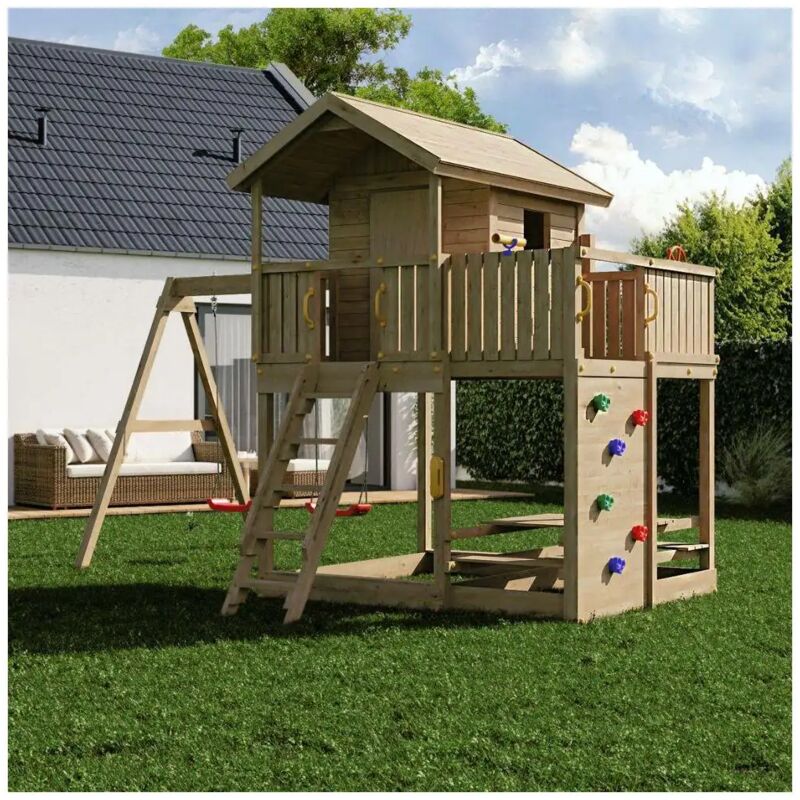 foto del prodotto thegoodgarden casetta da giardino per bambini in legno fungoo galaxy moonlight con due altalene e arrampicata
